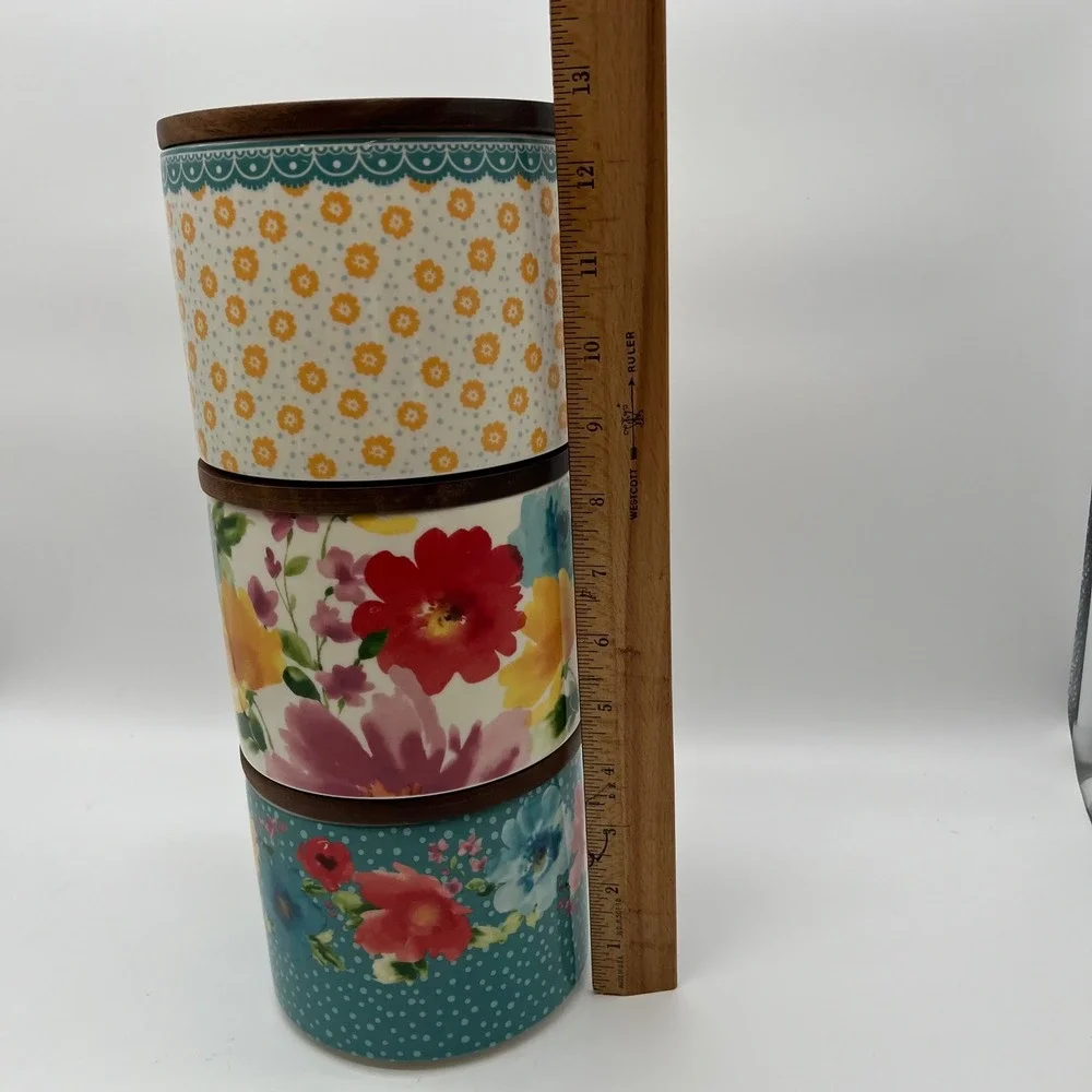 The Pioneer Woman Stackable 3 Piece Stoneware Canister Set Acacia Sealing Lids